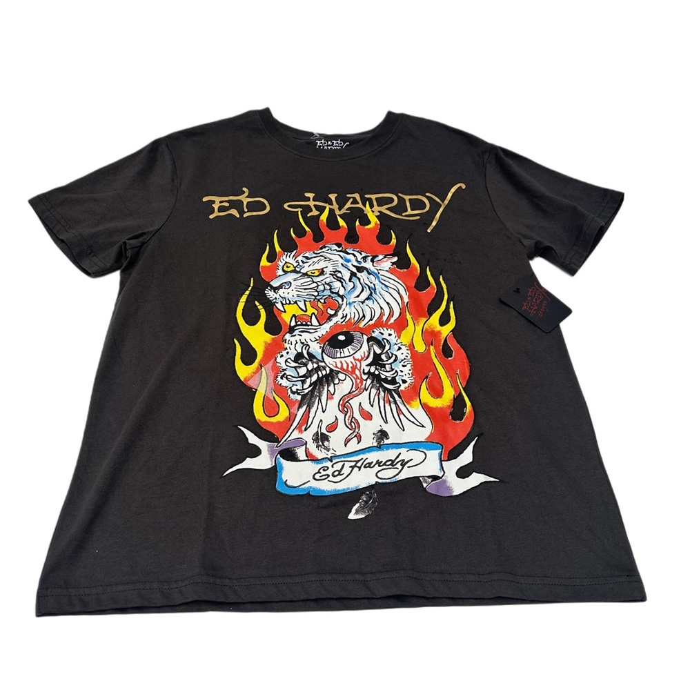 Ed Hardy Men’s Fire Tiger Charcoal T Shirt Top Size M‎ NWT